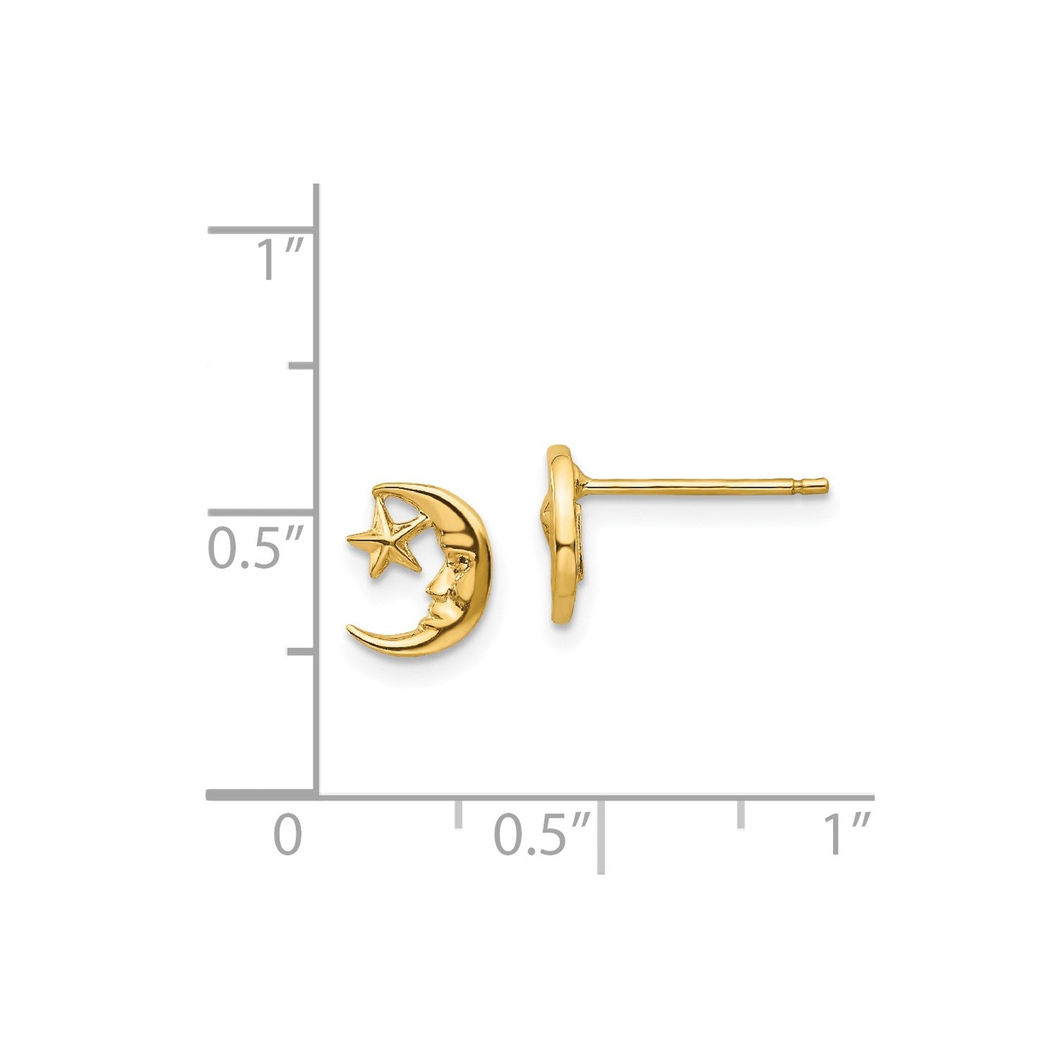 14k Yellow Real Gold Moon and Star Post Stud Earrings
