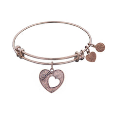 Finish Brass Heart with Mom Open Heart Adjustable Bangle Bracelet, 7.25