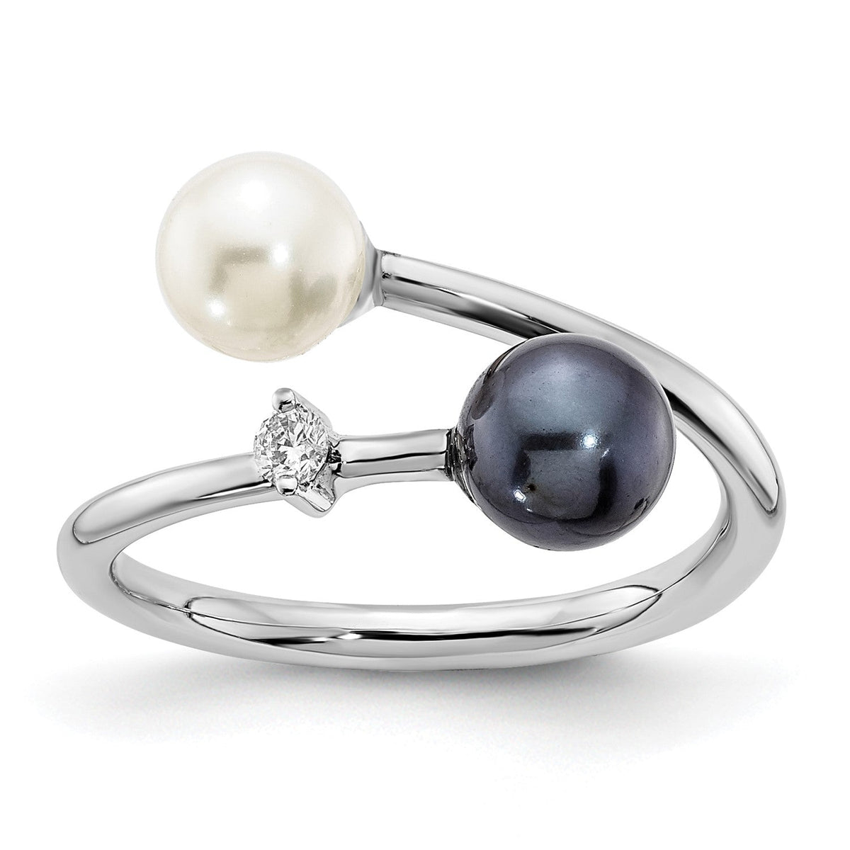 14K White Gold 6mm Black and White Pearl Diamond Adjustable Ring