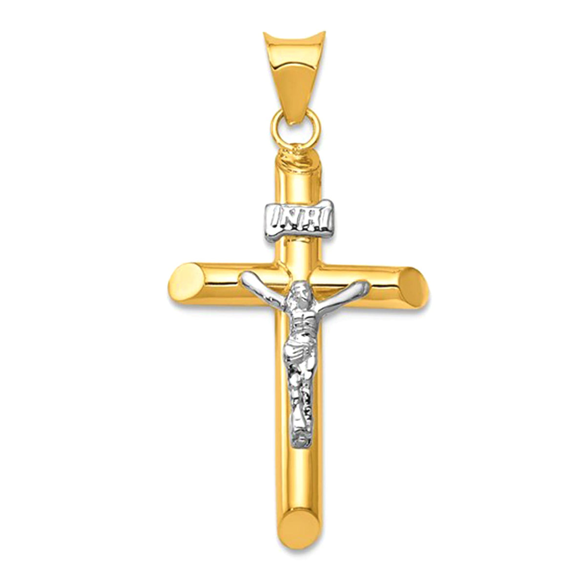 14k Yellow and White Real Gold Jesus Cross Charm Pendant, 35x15mm