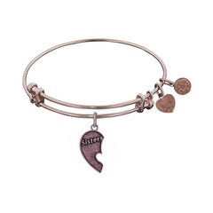 Pink Finish Brass Left-Half Heart Sisters Adjustable Bangle Bracelet, 7.25