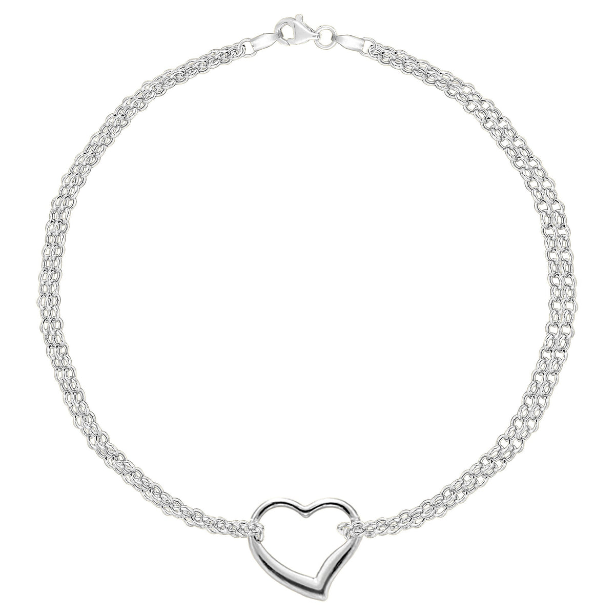 14K White Gold Double Strand With Heart Anklet, 10