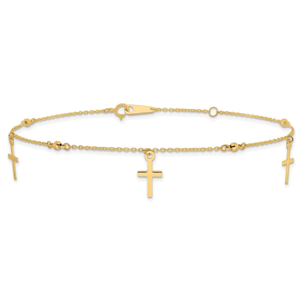 14k Real Yellow Gold High Polished and Diamond-cut Cross Anklet, 9 to 11 Adjustable