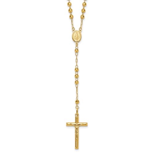 Jewelry Affairs 14K Yellow Gold Rosary Necklace, 4mm Beaded Chain, 24 inch Length, Cross Pendant