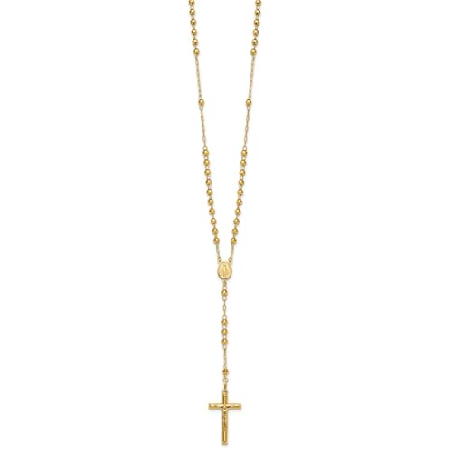 Jewelry Affairs 14K Yellow Gold Rosary Necklace, 4mm Beaded Chain, 24 inch Length, Cross Pendant