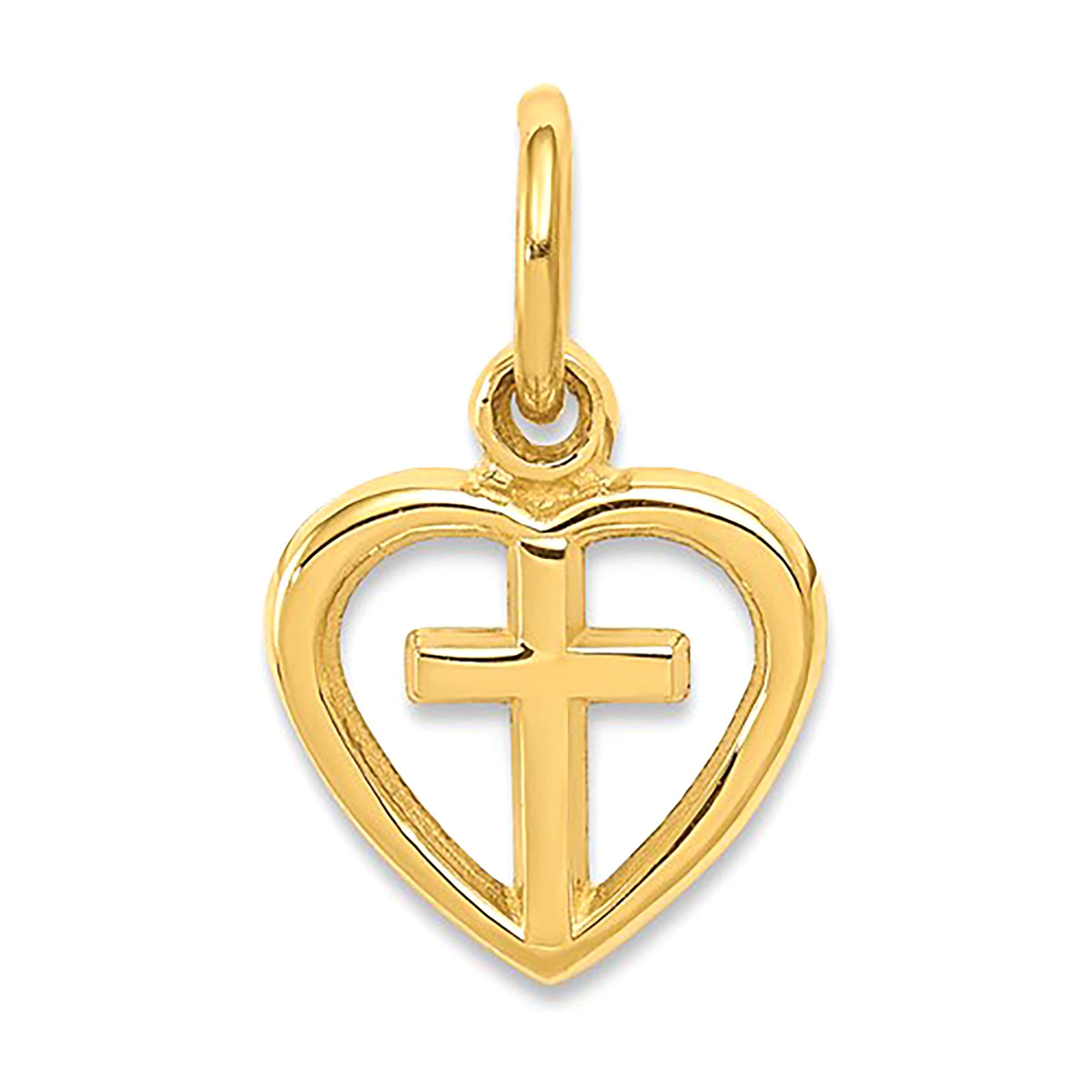 Ciondolo con ciondolo a forma di cuore e croce in oro giallo 14 carati, gioielli di design per uomini e donne