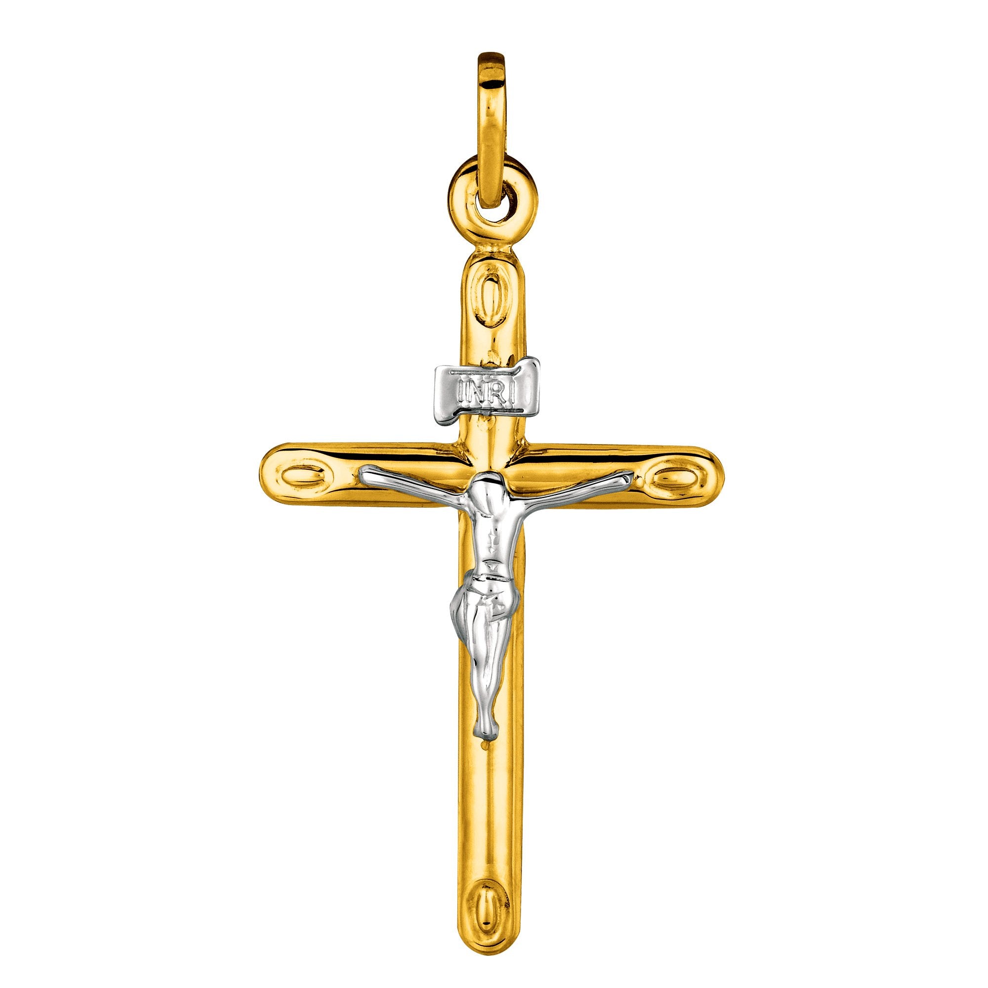 14k 2 Tone Gold Round Tube Crucifix Pendel fina designersmycken för män och kvinnor