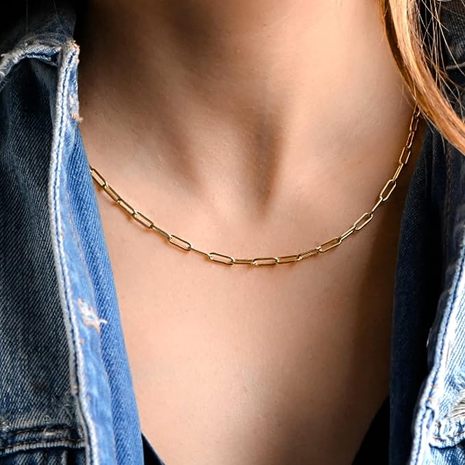 Collana a catena piatta a forma di graffetta in vero oro 14k, gioielleria raffinata di 4 mm di larghezza per uomo e donna