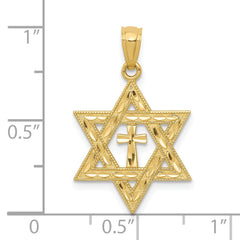 14K Yellow Gold Star of David with Cross Pendant, Diamond-Cut Design, 26mm x 16mm
