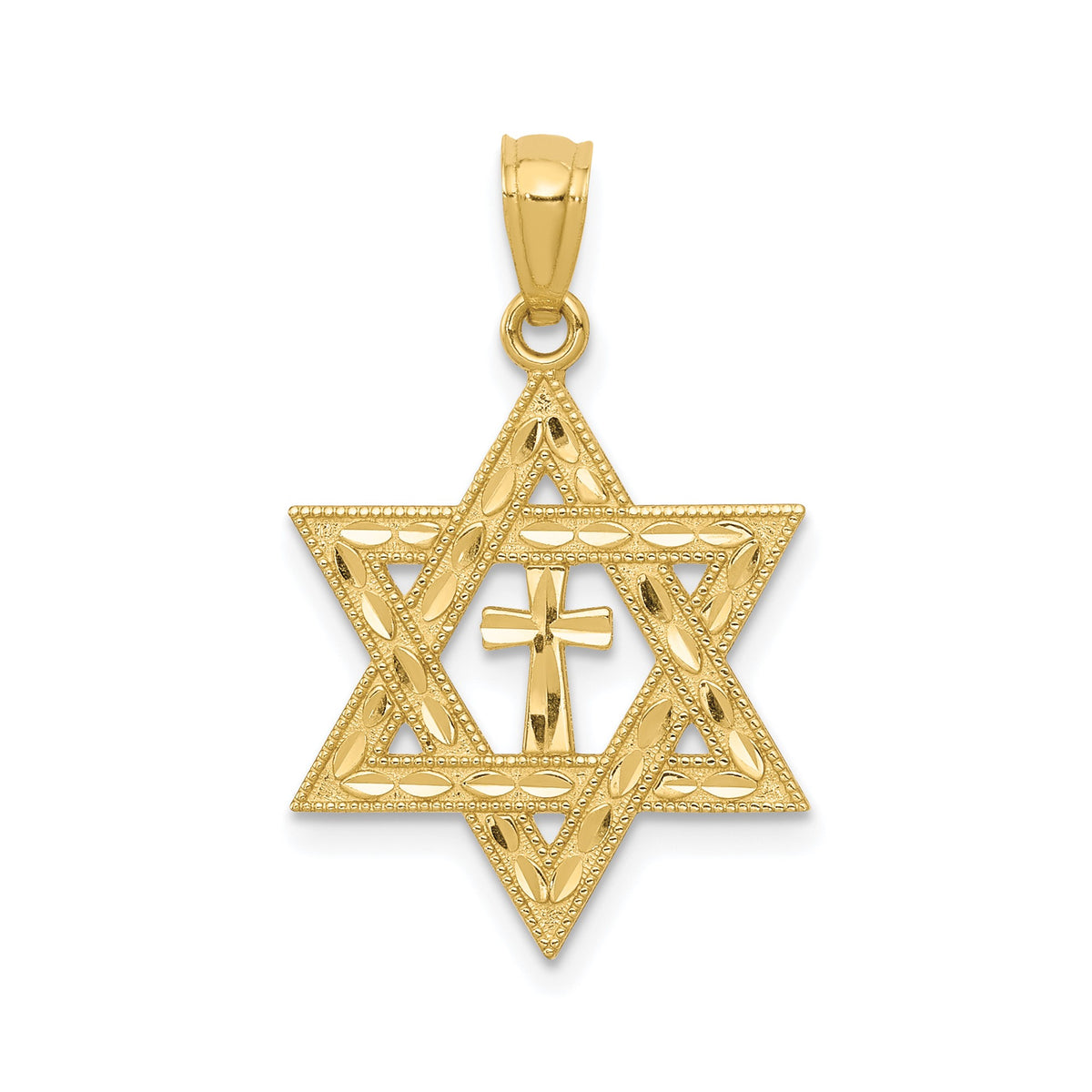 14K Yellow Gold Star of David with Cross Pendant, Diamond-Cut Design, 26mm x 16mm