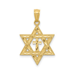 14K Yellow Gold Star of David with Cross Pendant, Diamond-Cut Design, 26mm x 16mm