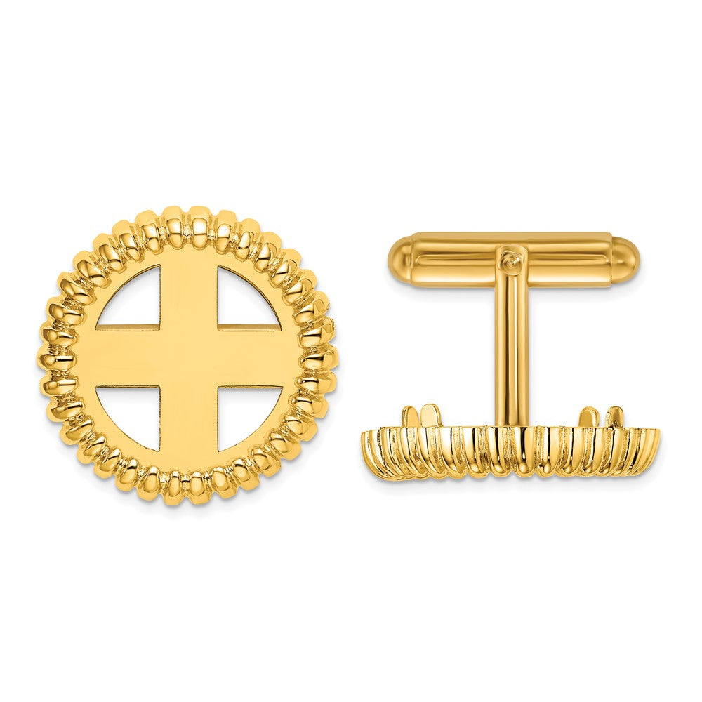 Wideband Distinguished Coin Jewelry Herren-Manschettenknöpfe aus 14-karätigem echtem Gold mit polierter geriffelter 17,8-mm-Münzlünette, feiner Designerschmuck für Männer und Frauen