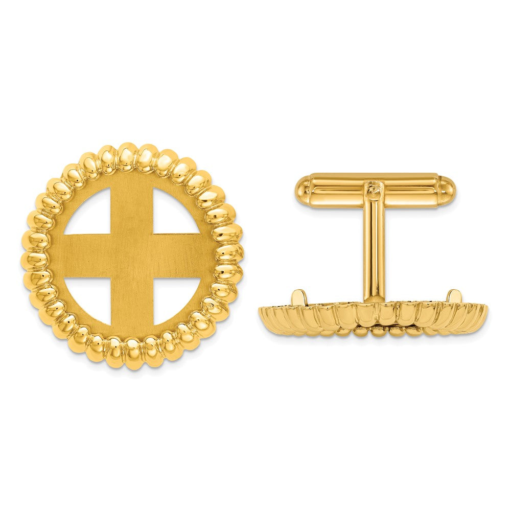 Wideband Distinguished Coin Jewelry Herren-Manschettenknöpfe aus 14-karätigem echtem Gold mit polierter geriffelter 21,6-mm-Münzlünette, feiner Designerschmuck für Männer und Frauen
