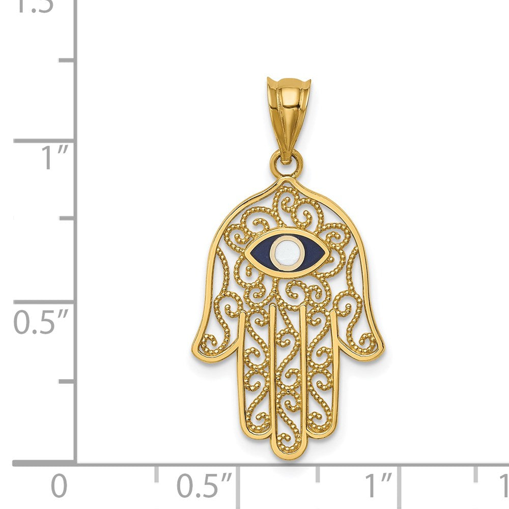 14K Yellow Gold and Enamel Filigree Hamsa Pendant, 30mm