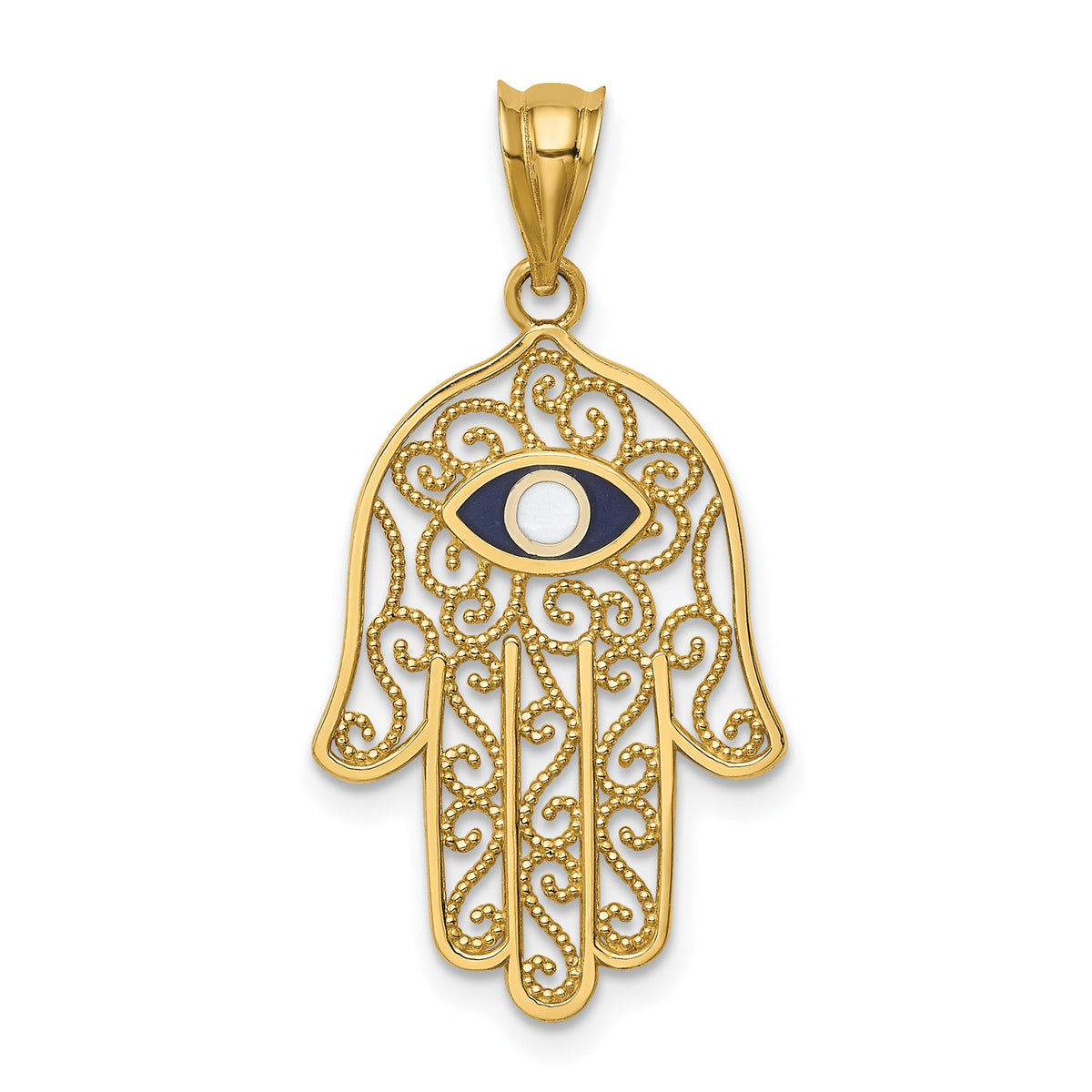 14K Yellow Gold and Enamel Filigree Hamsa Pendant, 30mm