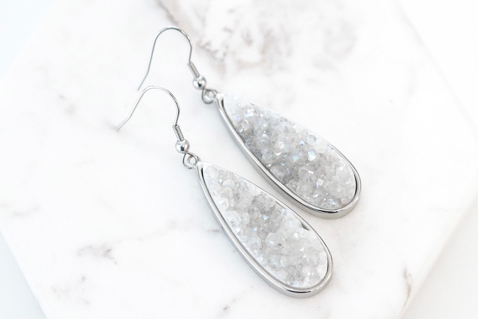 Druzy Collection - Silver Quartz Drop Earrings fine designer jewelry for men and women