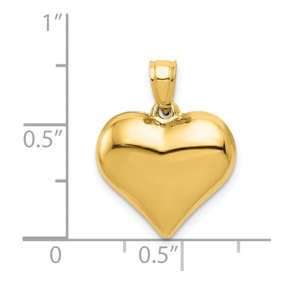 Pendentif en forme de cœur soufflé en 3D poli en or jaune 14 carats, bijoux de créateur fins pour hommes et femmes
