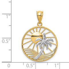 14K Two-Tone Gold Beach Scene Pendant, Sun and Palm Tree Design, 20mm