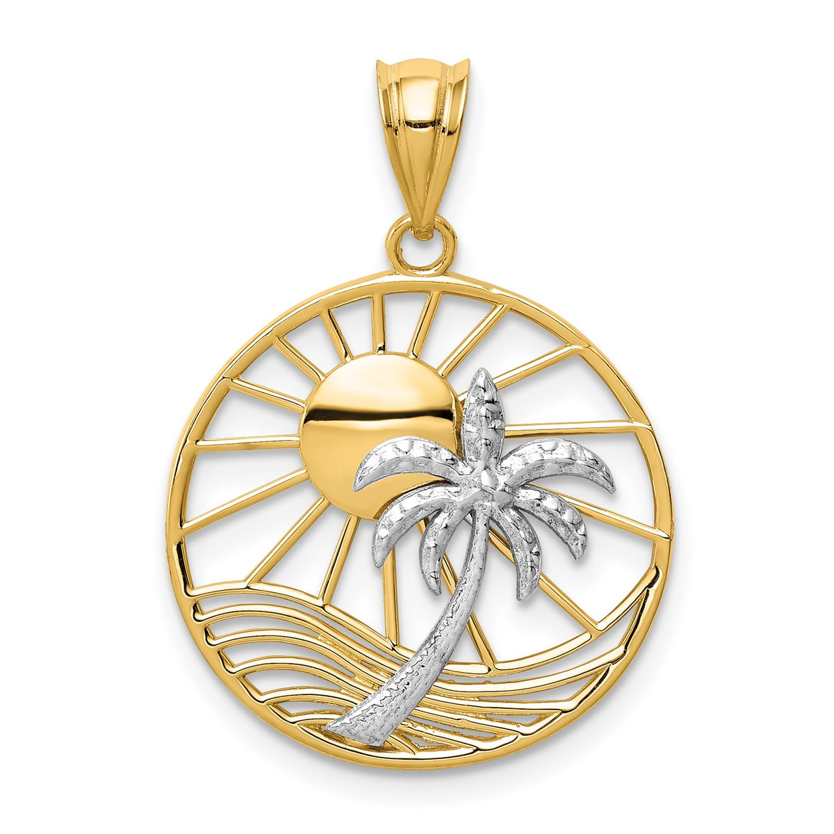 14K Two-Tone Gold Beach Scene Pendant, Sun and Palm Tree Design, 20mm