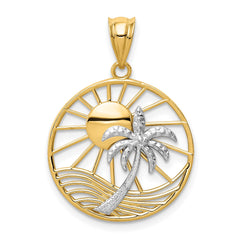 14K Two-Tone Gold Beach Scene Pendant, Sun and Palm Tree Design, 20mm