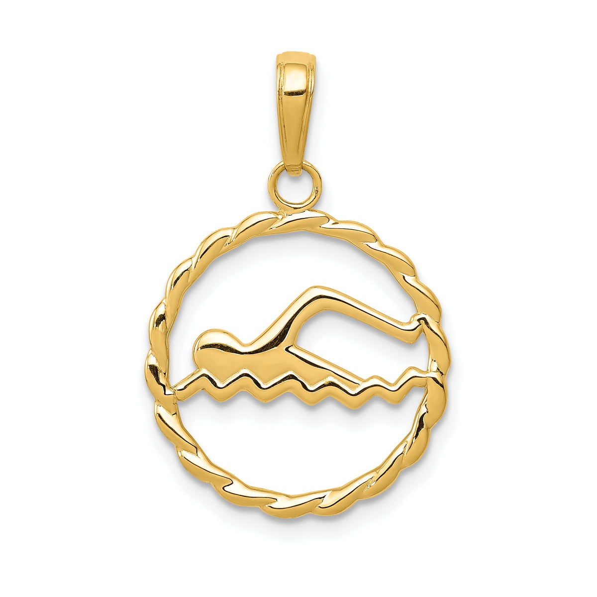 14k Yellow Gold Swimming Pendant, 16mm Diameter