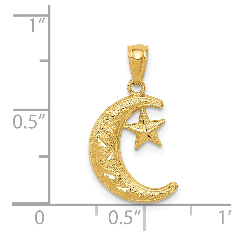14k Yellow Gold Crescent Moon and Star Pendant, 19mm