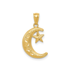 14k Yellow Gold Crescent Moon and Star Pendant, 19mm