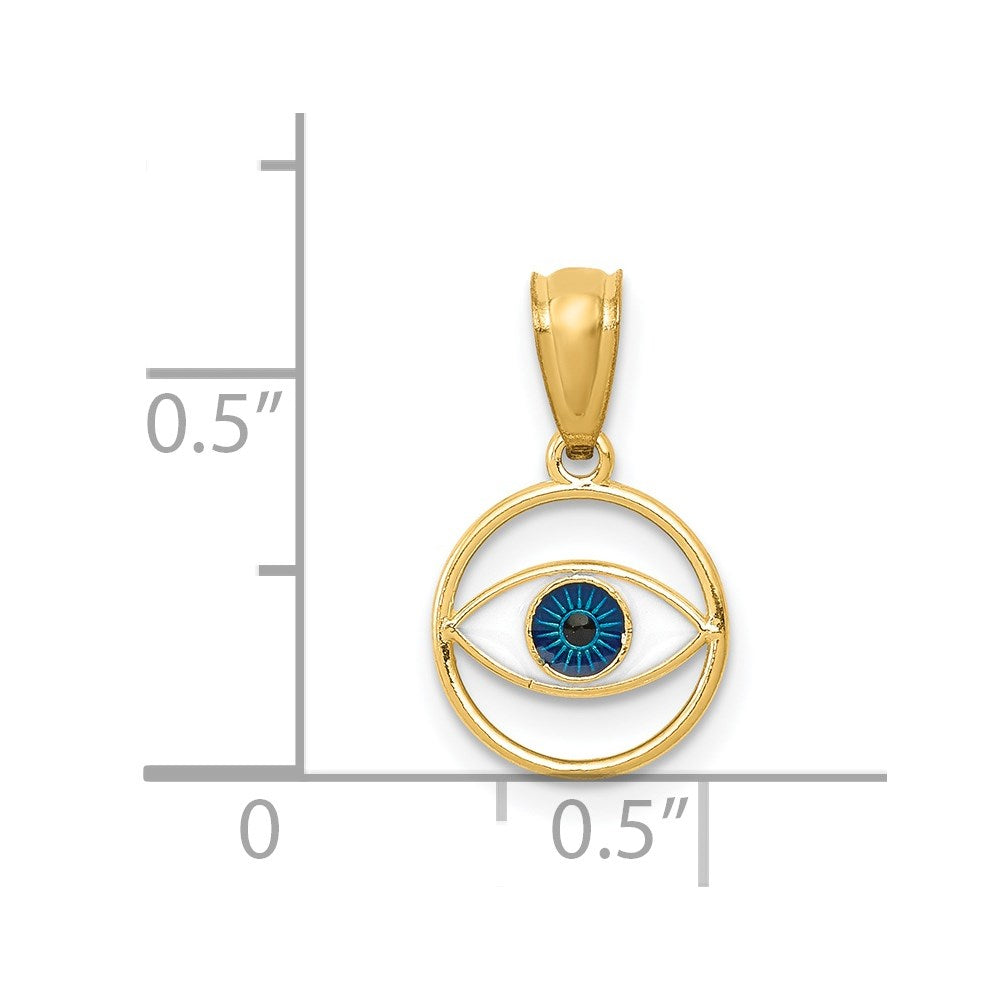 14k Yellow Gold Blue Enamel Eye Pendant, 16mm