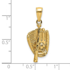 14K Yellow Gold Baseball Glove Bat Ball Pendant, 17x12mm
