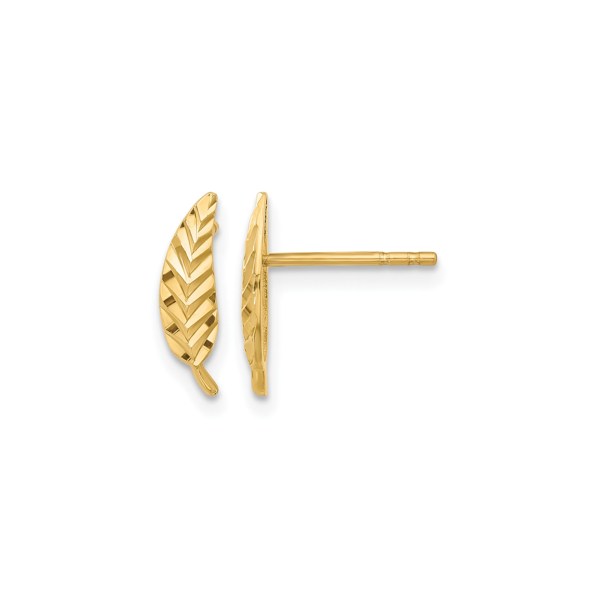 14K Real Yellow Gold Diamond Cut Leaf Ear Climber Stud Earrings