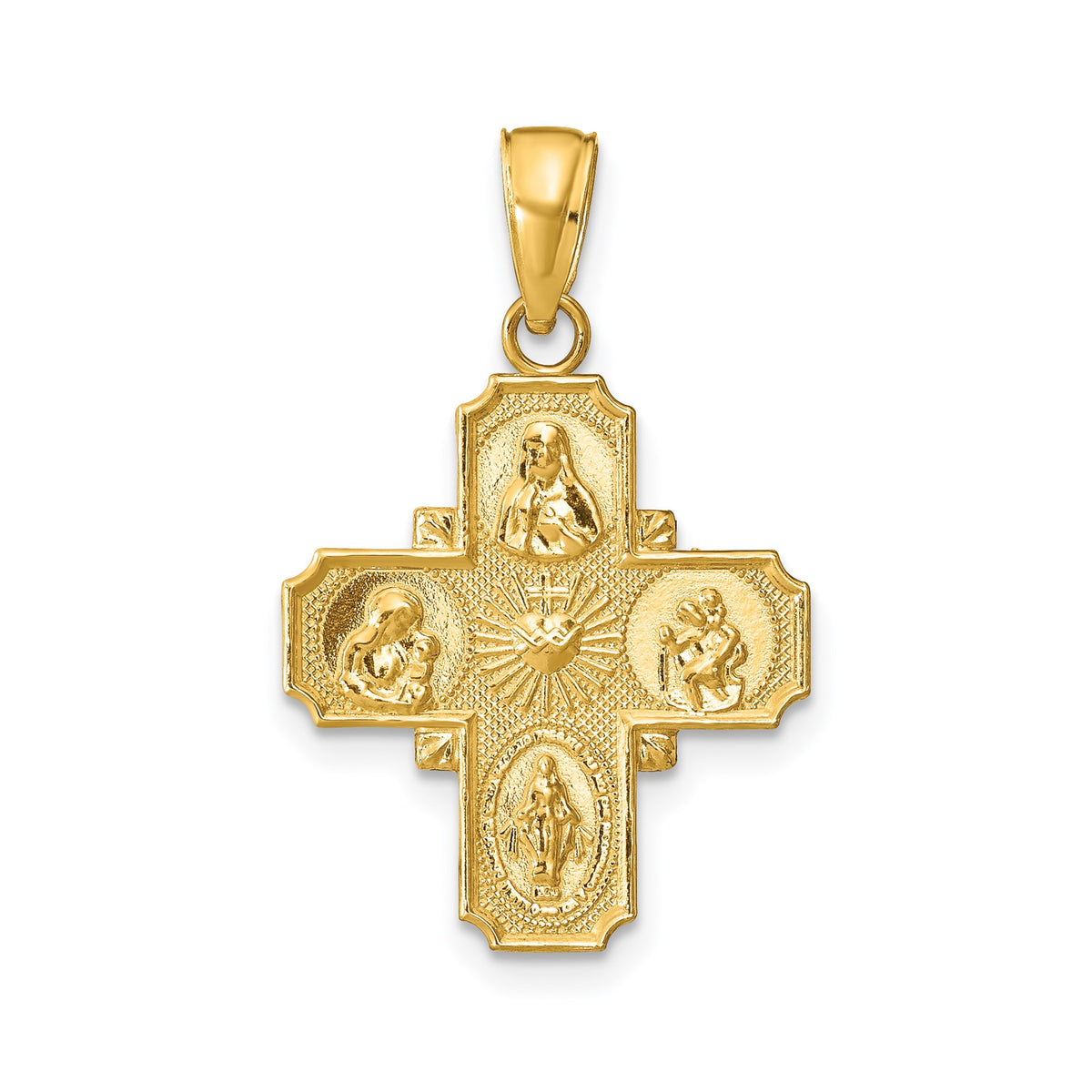 14k Yellow Gold Catholic 4-Way Cross Mary Saint Christopher Pendant, 28x17mm