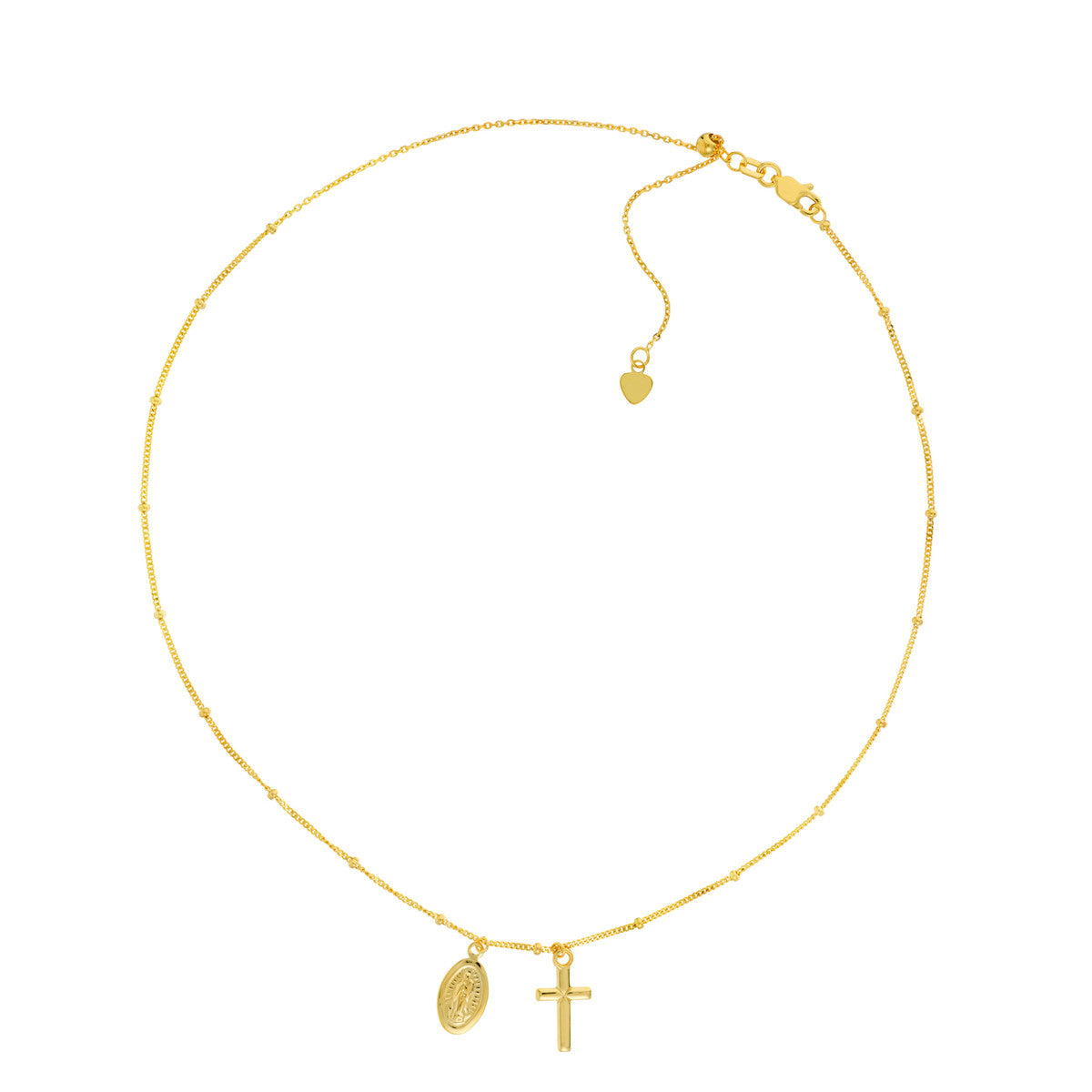 Choker With Dangling Virgin Mary And Cross 14k Yellow Gold Necklace, 16" Adjustable