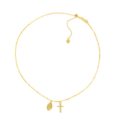 Choker With Dangling Virgin Mary And Cross 14k Yellow Gold Necklace, 16" Adjustable