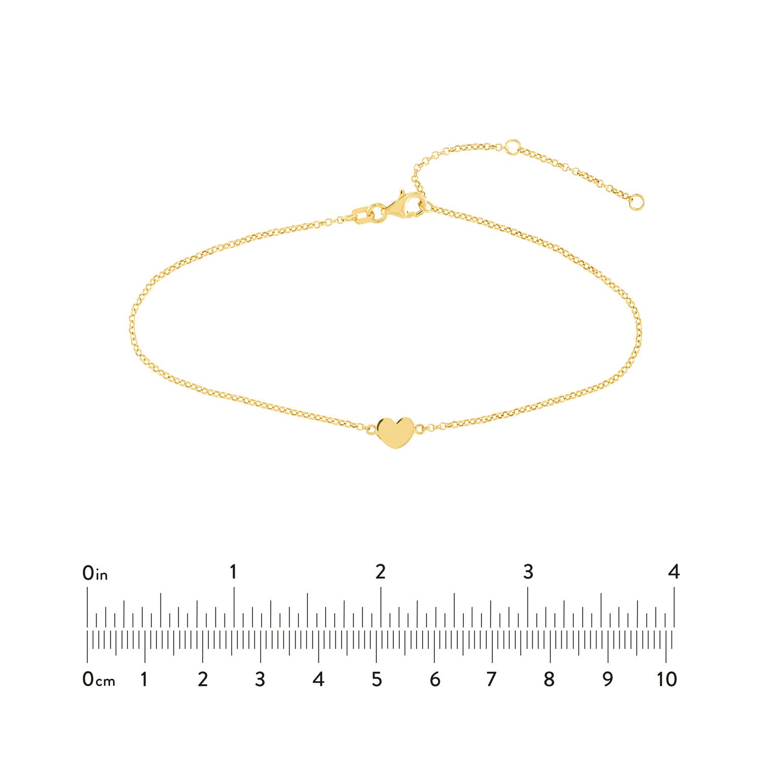 14k Yellow Gold Heart Anklet, 10 Inch Chain Length, Dainty Rolo Link