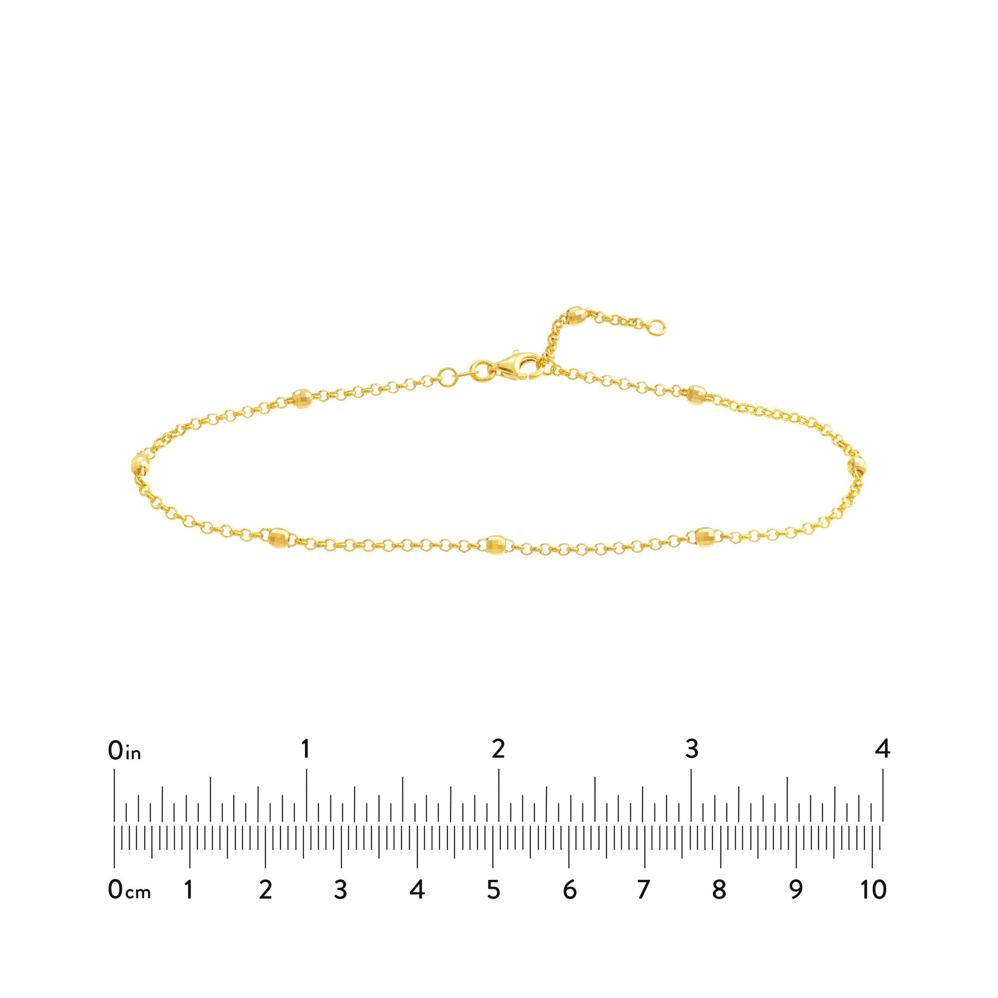 14k Yellow Gold Bead Station Rolo Chain Adjustable Anklet, 10"
