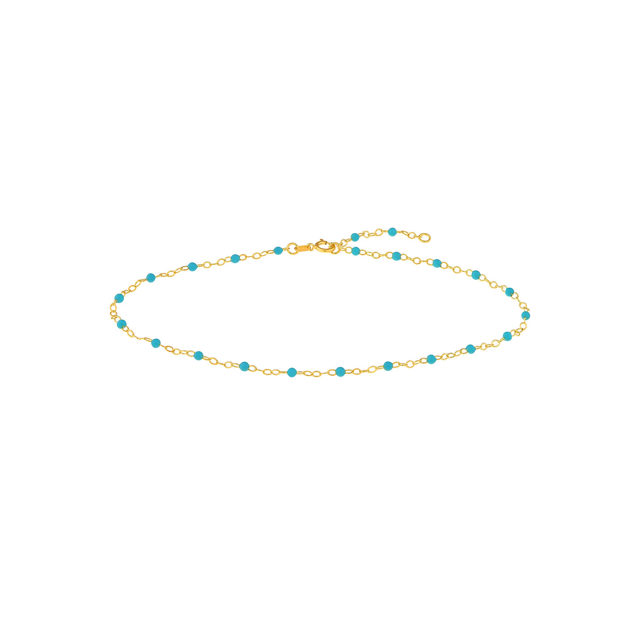14K Yellow Gold Anklet with White Enamel Beads, Chain Style, 10 Inches