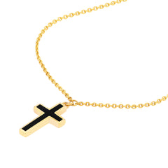 14k Yellow Gold Cross Necklace with Black Enamel, Adjustable Chain, 18 Inches