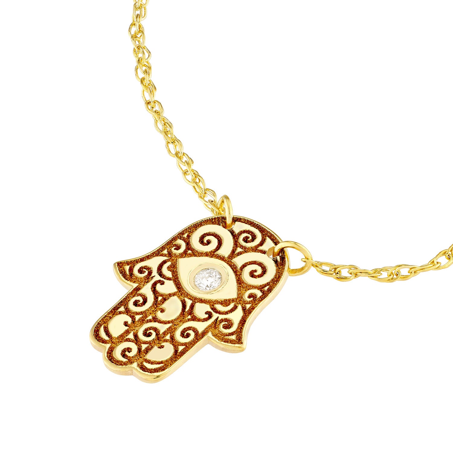 14K Yellow Gold Hamsa Hand Diamond Adjustable Necklace, 16"-18"