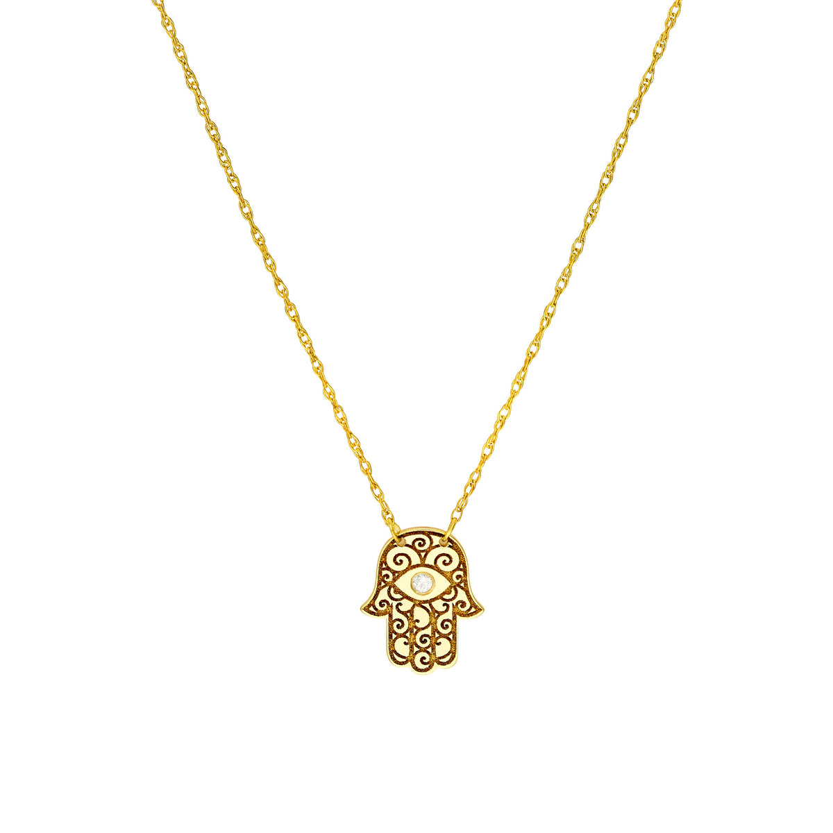 14K Yellow Gold Hamsa Hand Diamond Adjustable Necklace, 16"-18"