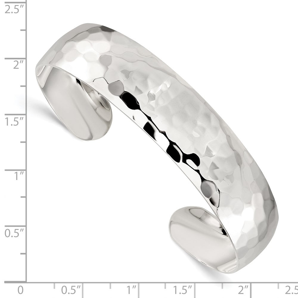 Sterling Silver Polished 13.5mm Domed Hammered Cuff Bangle