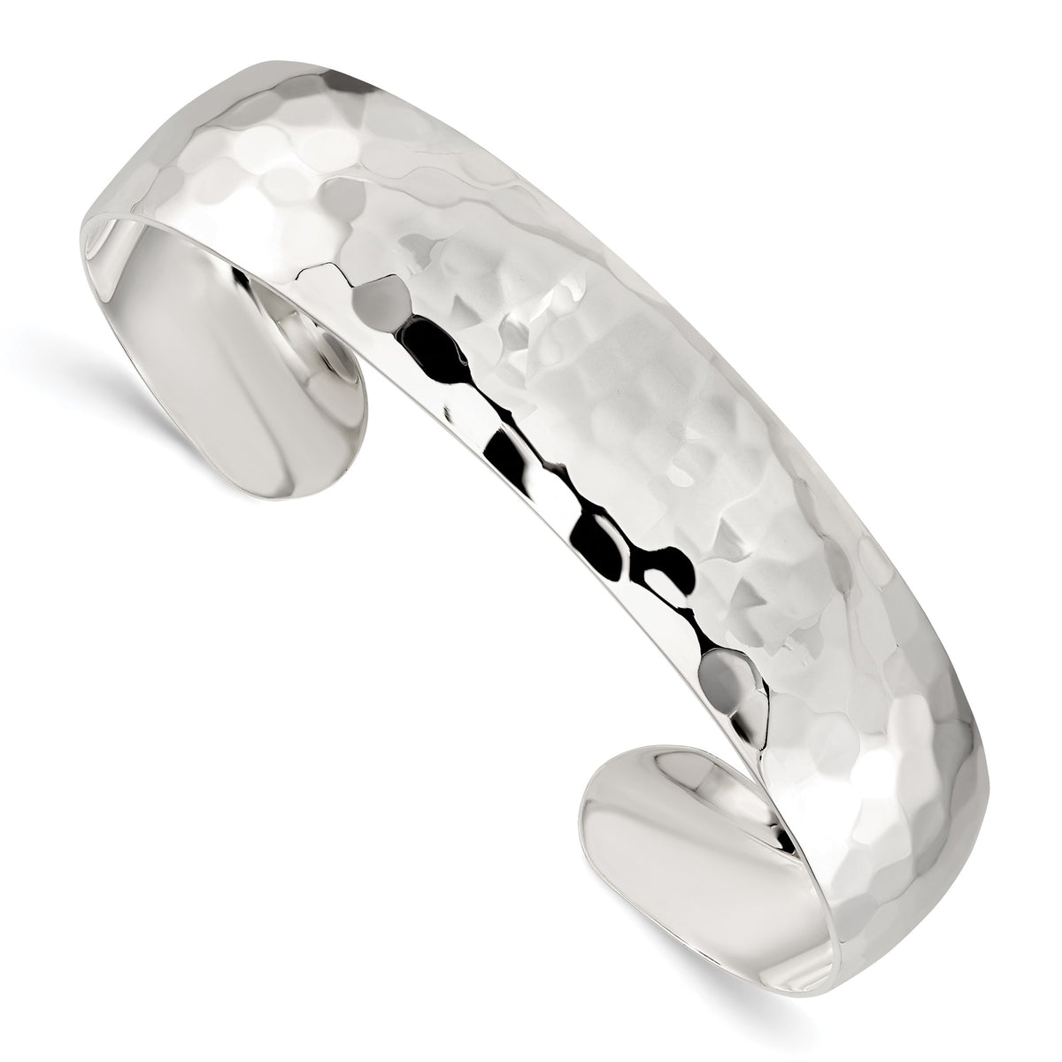 Sterling Silver Polished 13.5mm Domed Hammered Cuff Bangle
