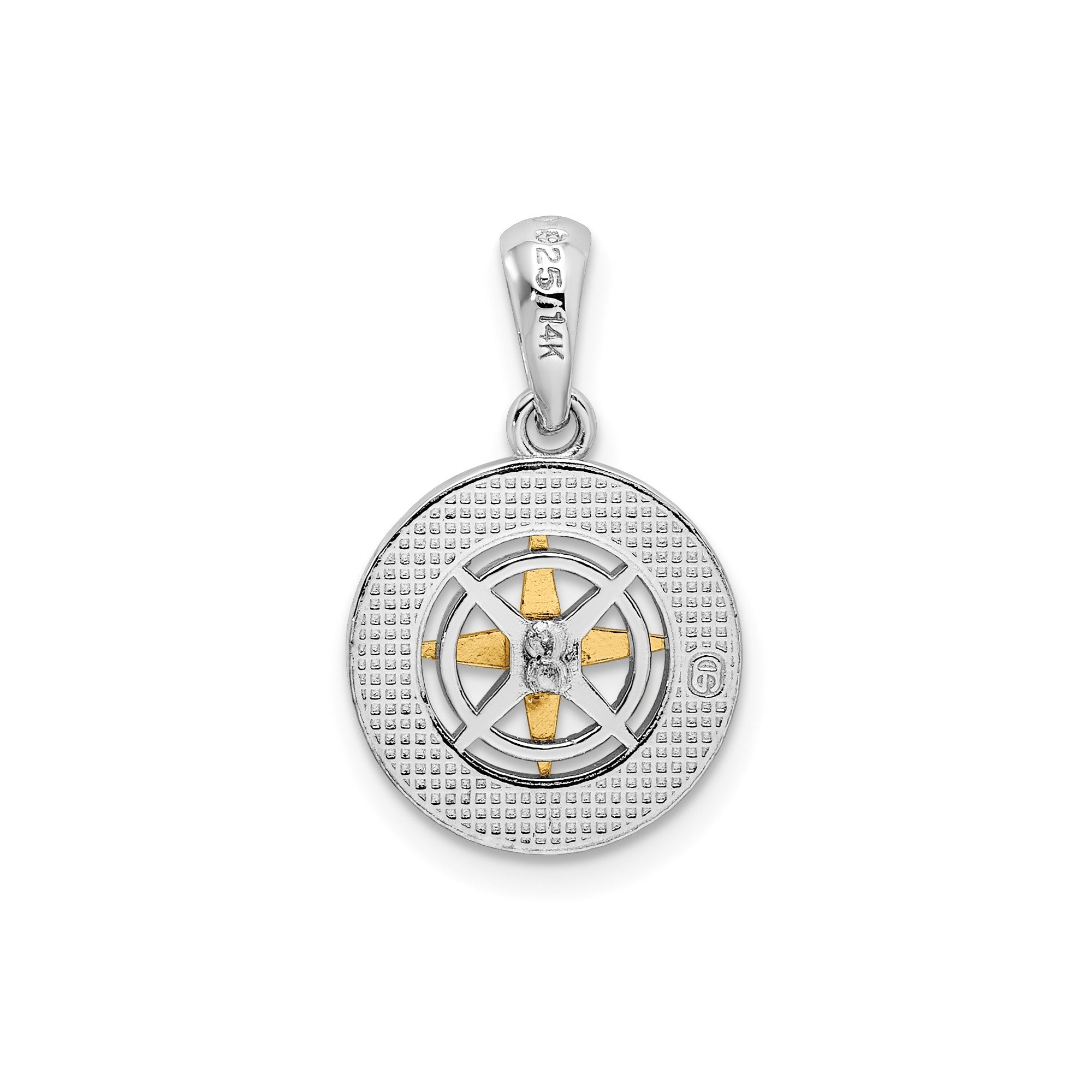 Sterling Silver Rhodium-Plated Polished Mini Compass with 14k Needle Pendant