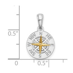 Sterling Silver Rhodium-Plated Polished Mini Compass with 14k Needle Pendant