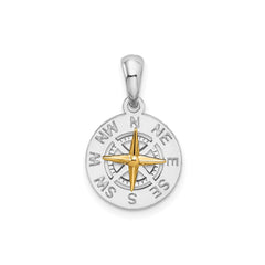 Sterling Silver Rhodium-Plated Polished Mini Compass with 14k Needle Pendant