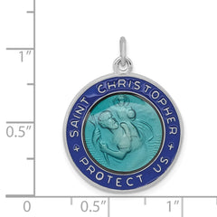 Sterling Silver Blue Enameled St. Christopher Medal Pendant, 20mm Diameter
