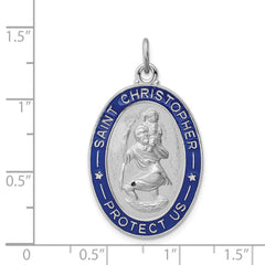 Sterling Silver Rhodium-plated Blue Enamel St. Christopher Medal Pendant, 35x20mm