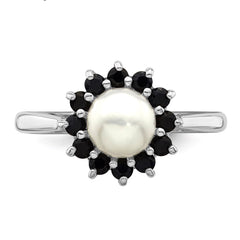 Anello in argento sterling placcato rodio con perla da 6 mm e zaffiro, gioielli di design per uomo e donna