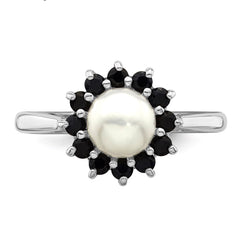 Sterling Silver Rhodium Plated 6mm Pearl and Sapphire Ring fine designer jewelry for men and women