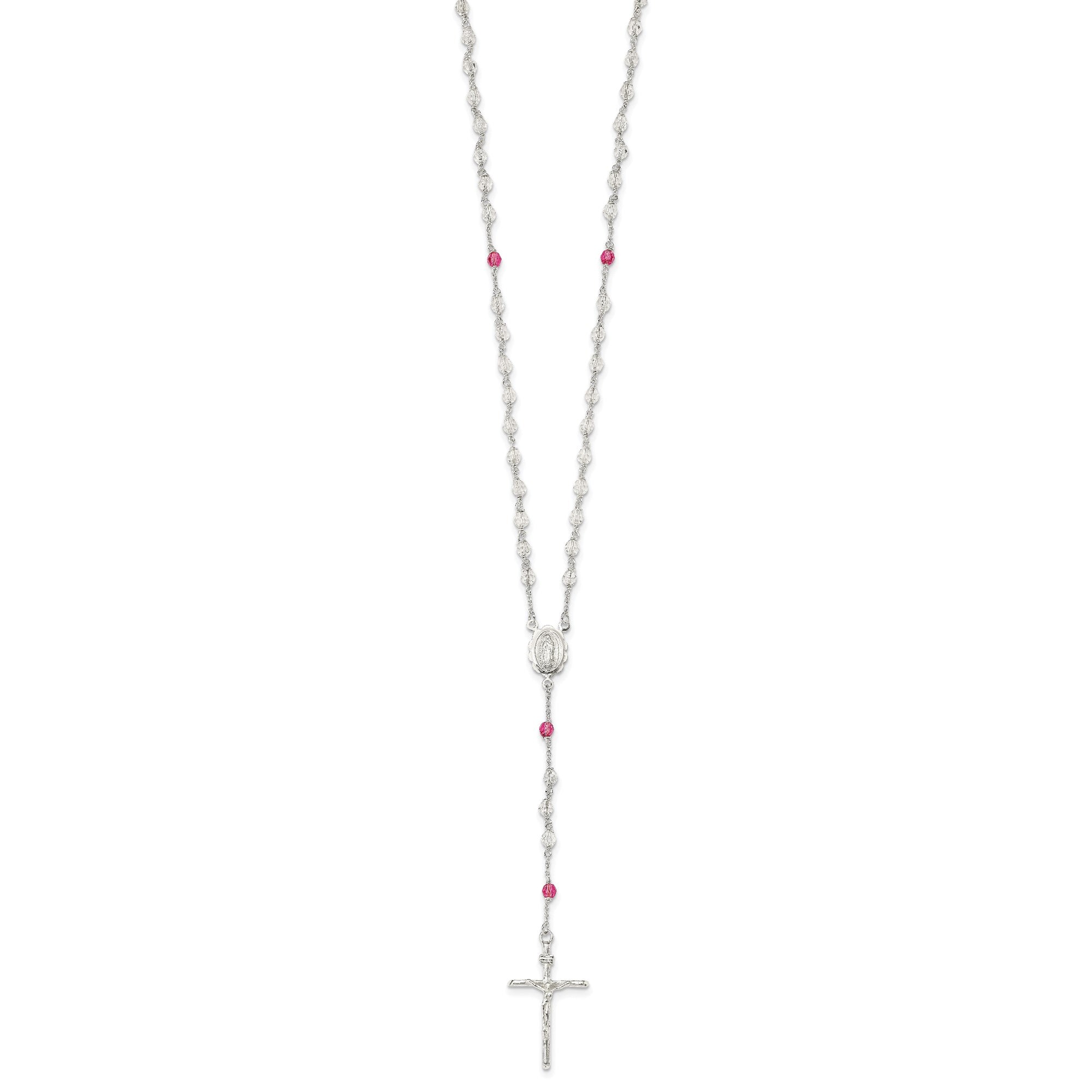 Sterling Silver Polished Crystal Rose Quartz Rosary Cross Necklace, 21.5 Inch