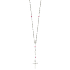Sterling Silver Polished Crystal Rose Quartz Rosary Cross Necklace, 21.5 Inch